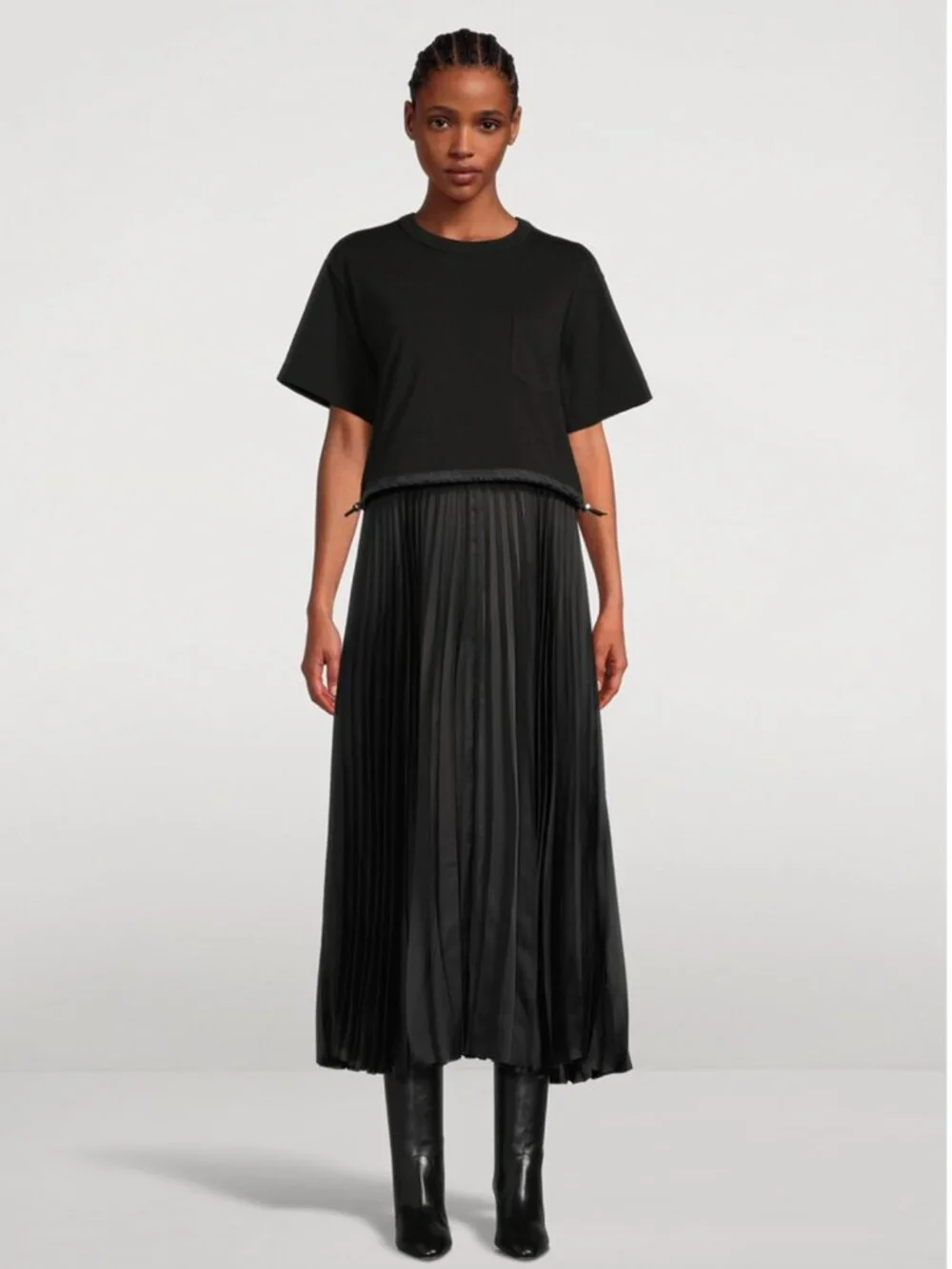 SACAI Satin Pleated T-Shirt Dress Black Women 4 Crewneck Short Sleeve Japan Midi - Picture 1 of 11